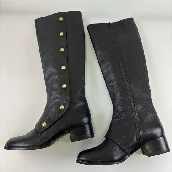 Michael Michael Kors Maisie Knee High Boot Black Leather Pebbled Gold Button 7.5 - Picture 8 of 15
